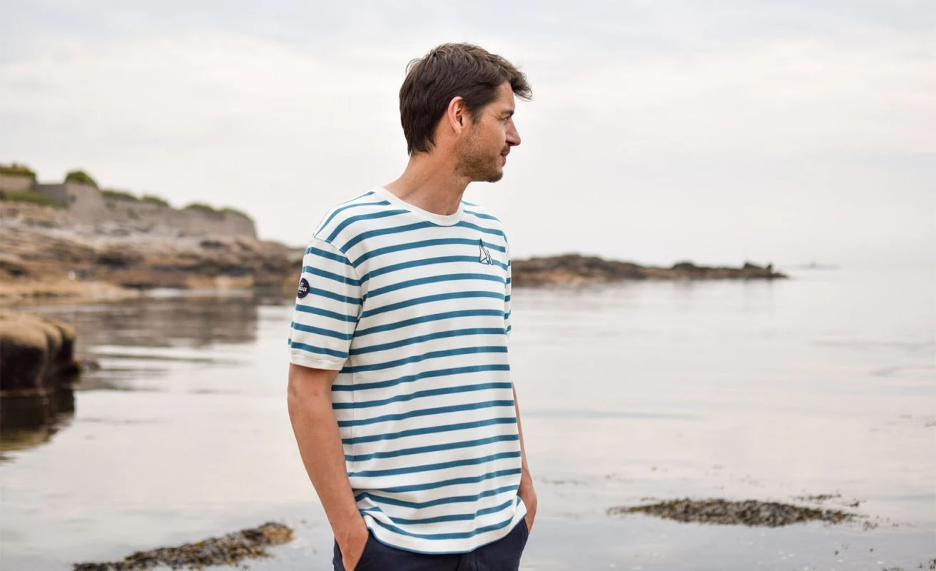Men's Nantucket Striped Sailor Tee Teal Stripes Recycled Sail - Image 3