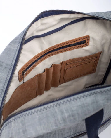 Satchel Bag Grey And Navy Blue Leather Recycled Sail - Image 7